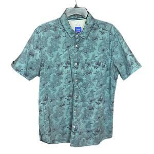 Jules Tropical Sketch Floral Short Sleeve Button Up Slim Fit Shirt—Teal/Navy—XL